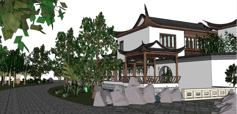 特色徽派古建园林院落模型su模型-场景一 特色徽派古建园林院落模型su模型-场景一