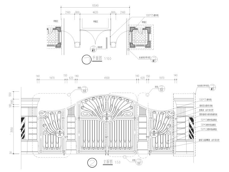 铁艺大门，消防车道门，岗亭等节点大样详图-铁闸门节点详图