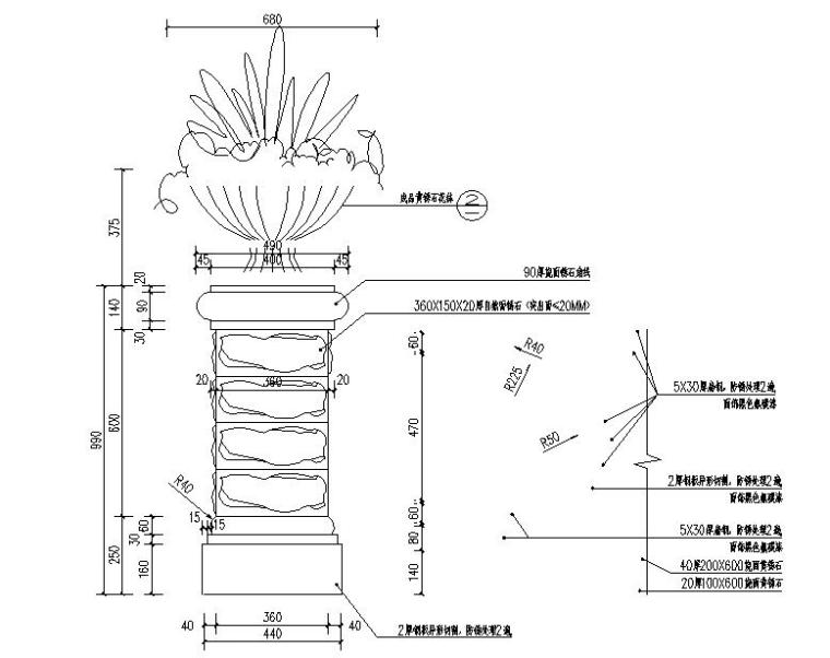 欧洲风格景观花钵、围栏节点详图设计