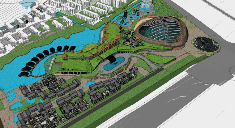 新和风山水绿城温泉小镇建筑模型合集