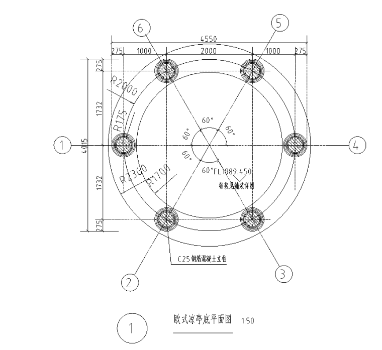 欧式圆顶景观亭CAD施工图