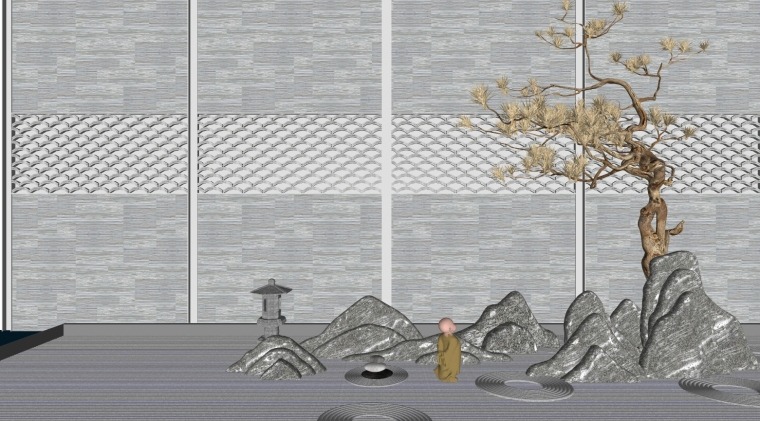 新中式枯山水松树石头景观小品SU模型-灵感屋