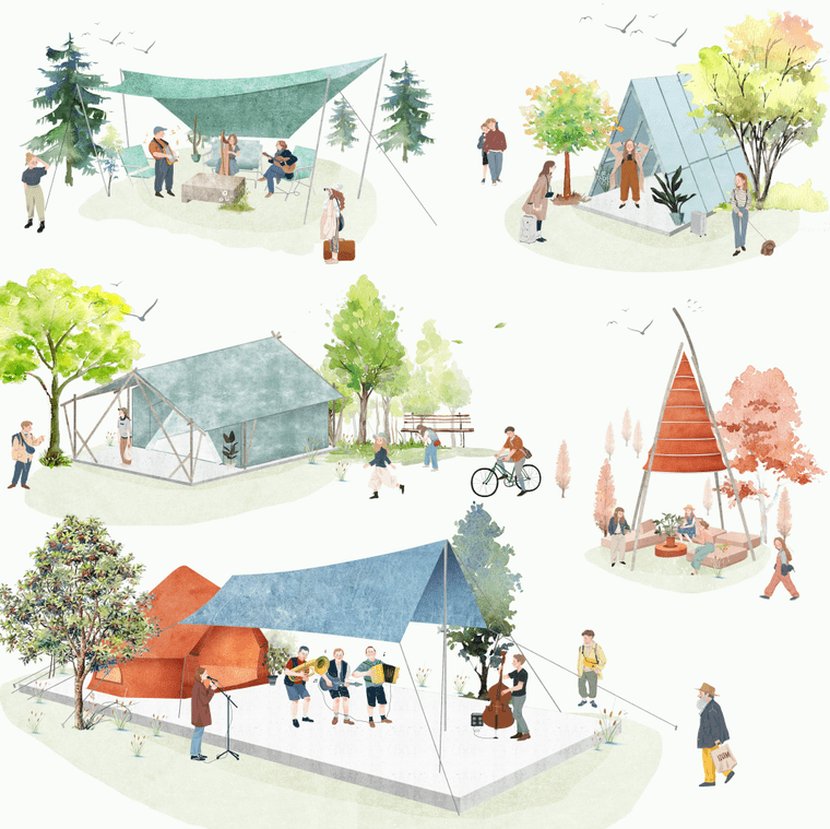 [景观素材] 淡彩风格露营帐篷与户外家具组合PSD (含透明通道)-灵感屋