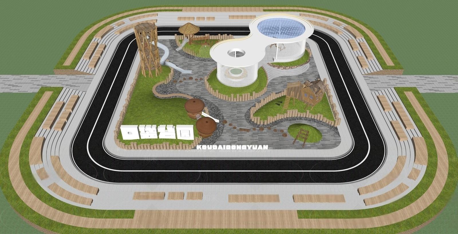 【精品SU模型】：原木系廊架与器材组合 | 适用于口袋公园和街角绿地-灵感屋