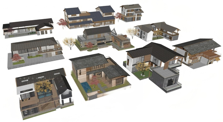 2024最新新中式乡村民宿SU模型下载 - 超详细民宿酒店建筑+农村别墅设计方案-灵感屋